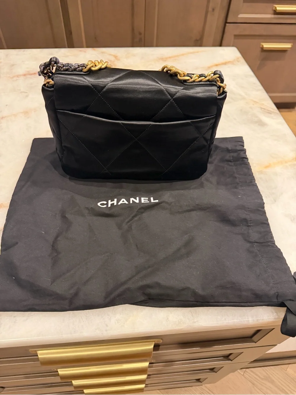 Chanel 19 - medium, satin Black, mixed hardware.